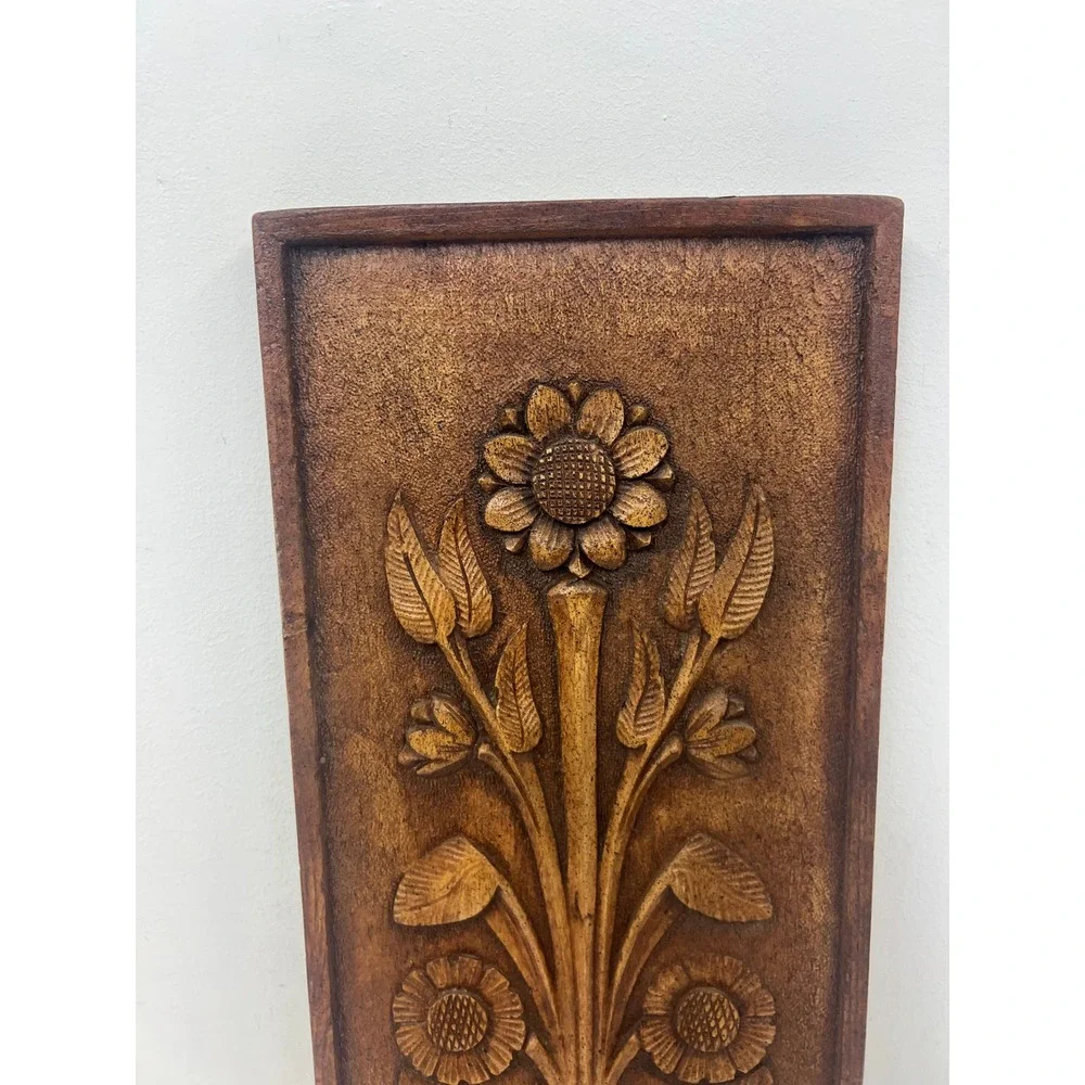 Vintage Resin Wall Hanging Arts & Crafts Floral Sunflowers Vase Plaque MCM Art